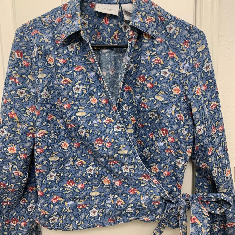 Liz Claiborne Floral Denim Long-sleeve Wrap Top